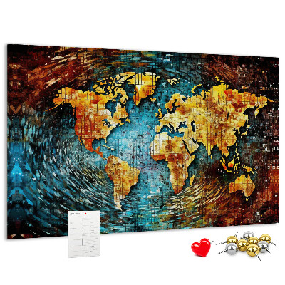 Tablero de corcho decorado mapa del mundo con diseño abstracto colorido