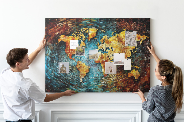Tablero de corcho decorado mapa del mundo con diseño abstracto colorido