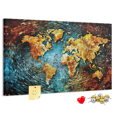 Tablero de corcho decorado mapa del mundo con diseño abstracto colorido