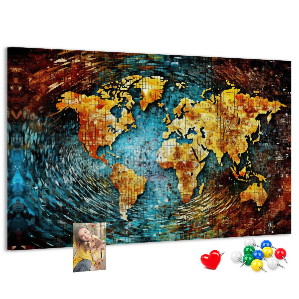Tablero de corcho decorado mapa del mundo con diseño abstracto colorido