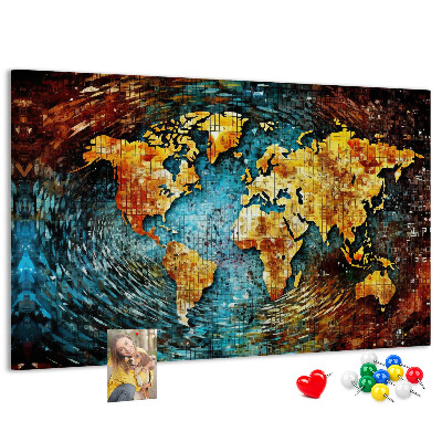 Tablero de corcho decorado mapa del mundo con diseño abstracto colorido