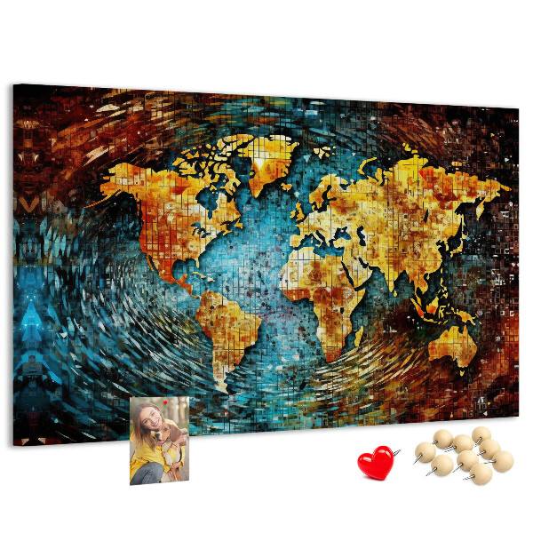 Tablero de corcho decorado mapa del mundo con diseño abstracto colorido