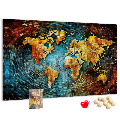 Tablero de corcho decorado mapa del mundo con diseño abstracto colorido