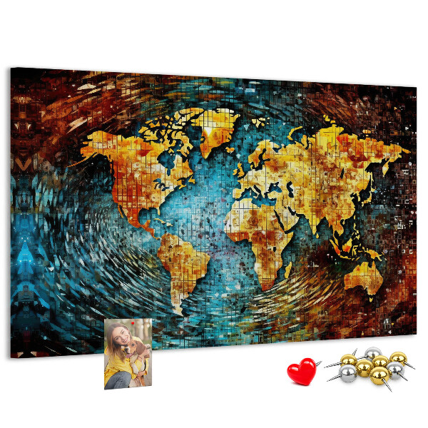 Tablero de corcho decorado mapa del mundo con diseño abstracto colorido
