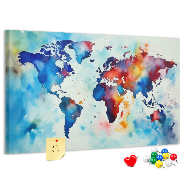 Tablero de anuncios mapa del mundo en acuarela a color