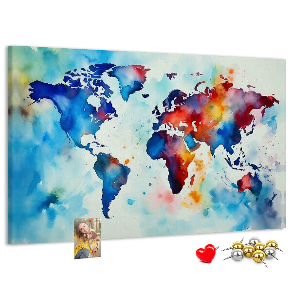 Tablero de anuncios mapa del mundo en acuarela a color