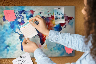 Tablero de anuncios mapa del mundo en acuarela a color