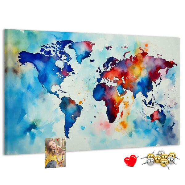Tablero de anuncios mapa del mundo en acuarela a color