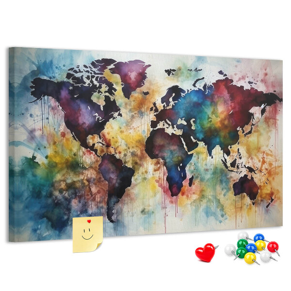 Tablero de corcho decorativo mapa del mundo con diseño de acuarela