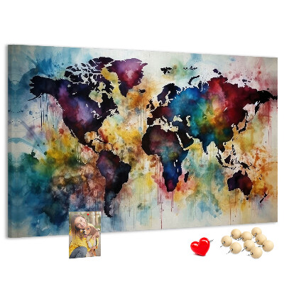 Tablero de corcho decorativo mapa del mundo con diseño de acuarela