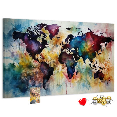 Tablero de corcho decorativo mapa del mundo con diseño de acuarela