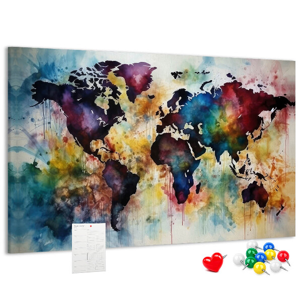 Tablero de corcho decorativo mapa del mundo con diseño de acuarela
