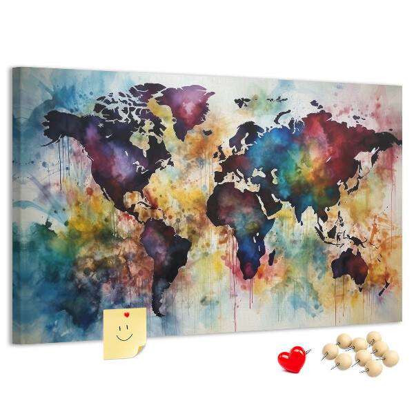 Tablero de corcho decorativo mapa del mundo con diseño de acuarela