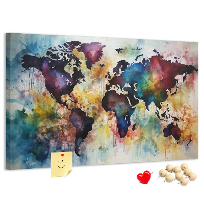 Tablero de corcho decorativo mapa del mundo con diseño de acuarela