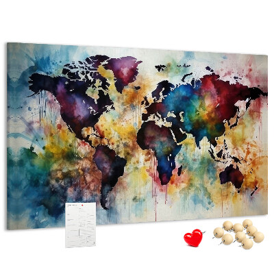 Tablero de corcho decorativo mapa del mundo con diseño de acuarela