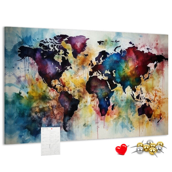 Tablero de corcho decorativo mapa del mundo con diseño de acuarela
