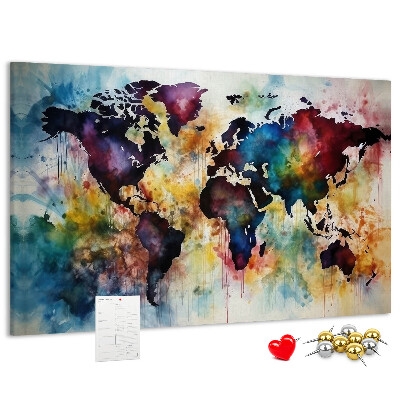 Tablero de corcho decorativo mapa del mundo con diseño de acuarela