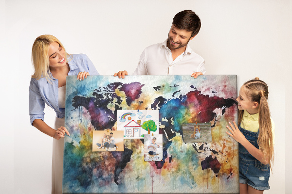 Tablero de corcho decorativo mapa del mundo con diseño de acuarela