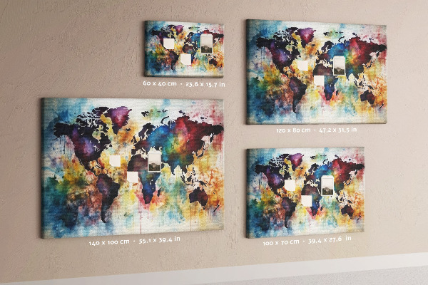 Tablero de corcho decorativo mapa del mundo con diseño de acuarela