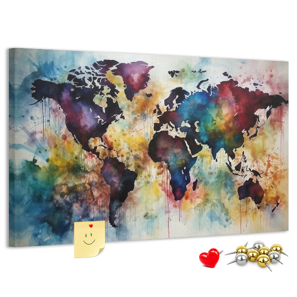 Tablero de corcho decorativo mapa del mundo con diseño de acuarela