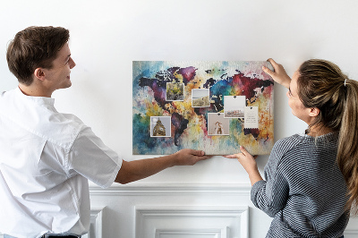 Tablero de corcho decorativo mapa del mundo con diseño de acuarela