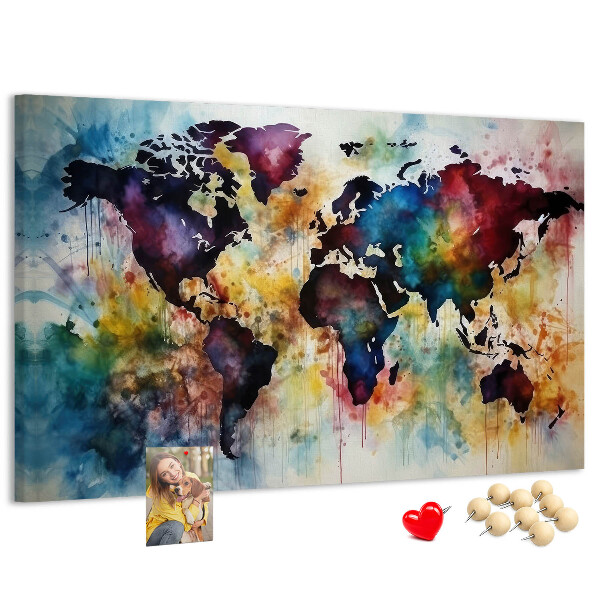Tablero de corcho decorativo mapa del mundo con diseño de acuarela