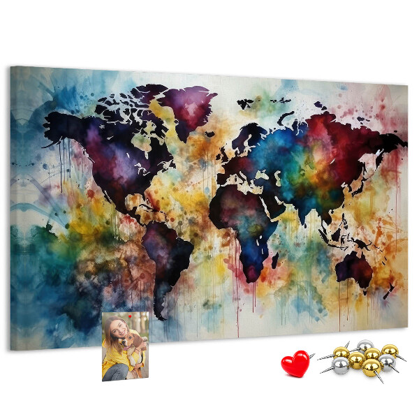 Tablero de corcho decorativo mapa del mundo con diseño de acuarela
