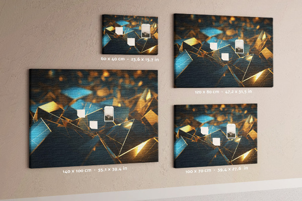 Pizarra de corcho con diseño de formas geométricas en tonos dorados y azules