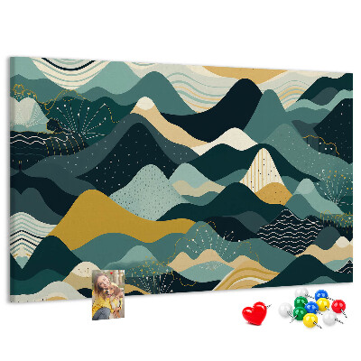 Tablero de corcho decorado con patrones abstractos de paisajes montañosos en colores