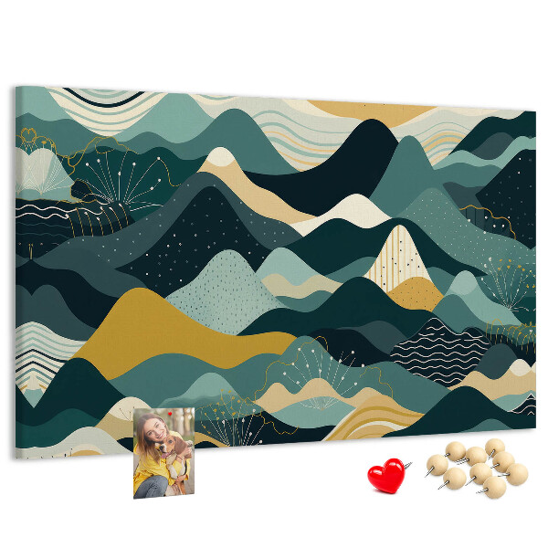 Tablero de corcho decorado con patrones abstractos de paisajes montañosos en colores
