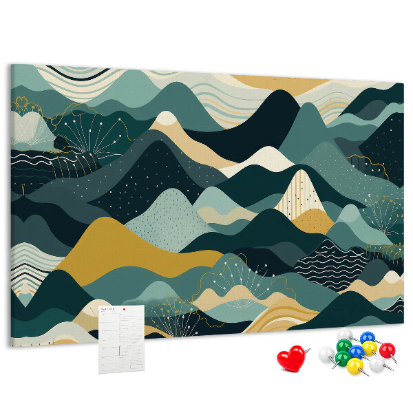 Tablero de corcho decorado con patrones abstractos de paisajes montañosos en colores