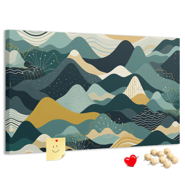 Tablero de corcho decorado con patrones abstractos de paisajes montañosos en colores