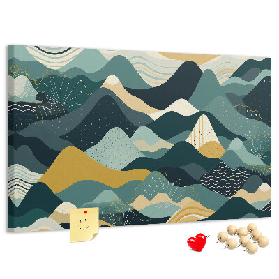 Tablero de corcho decorado con patrones abstractos de paisajes montañosos en colores