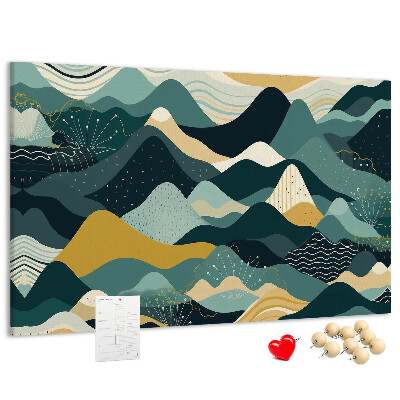 Tablero de corcho decorado con patrones abstractos de paisajes montañosos en colores