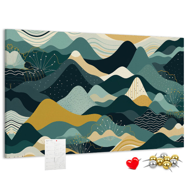 Tablero de corcho decorado con patrones abstractos de paisajes montañosos en colores
