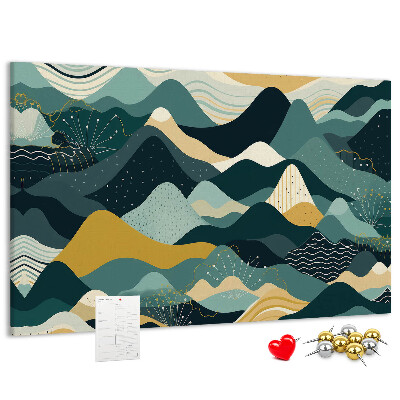 Tablero de corcho decorado con patrones abstractos de paisajes montañosos en colores