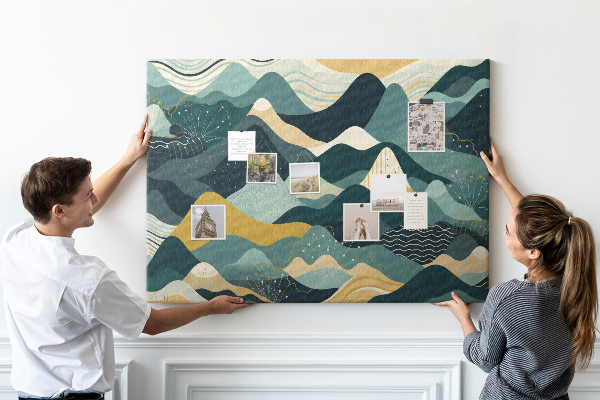 Tablero de corcho decorado con patrones abstractos de paisajes montañosos en colores