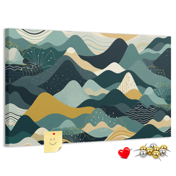 Tablero de corcho decorado con patrones abstractos de paisajes montañosos en colores