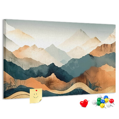 Tablero de corcho decorativo con diseño de paisaje montañoso en tonos apagados