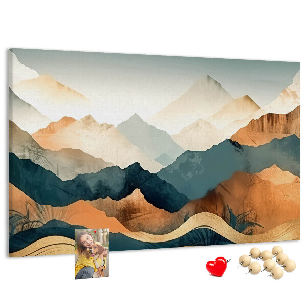 Tablero de corcho decorativo con diseño de paisaje montañoso en tonos apagados
