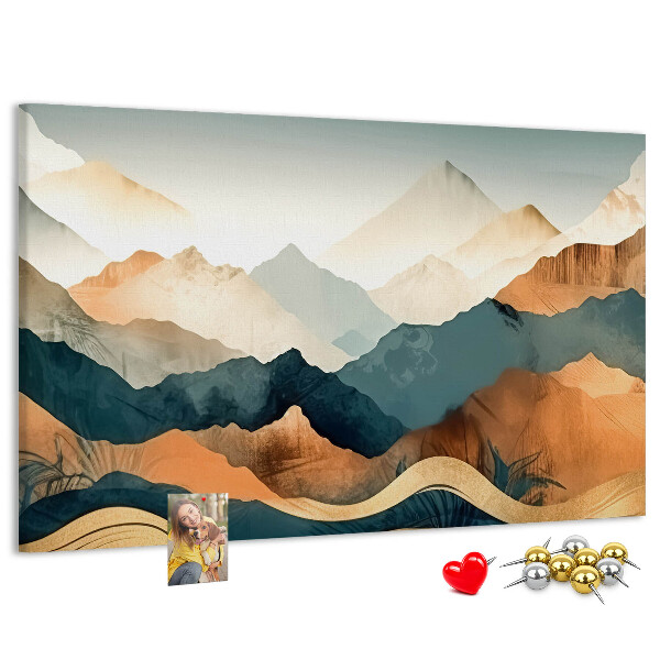 Tablero de corcho decorativo con diseño de paisaje montañoso en tonos apagados
