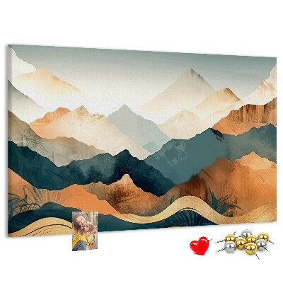Tablero de corcho decorativo con diseño de paisaje montañoso en tonos apagados