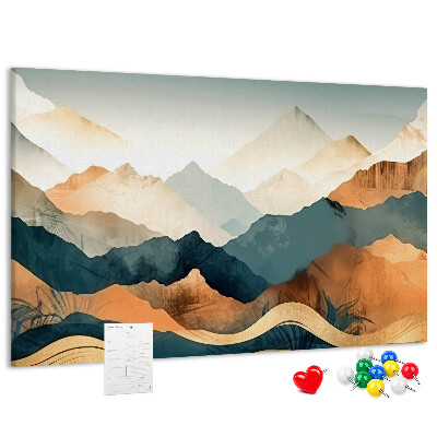 Tablero de corcho decorativo con diseño de paisaje montañoso en tonos apagados