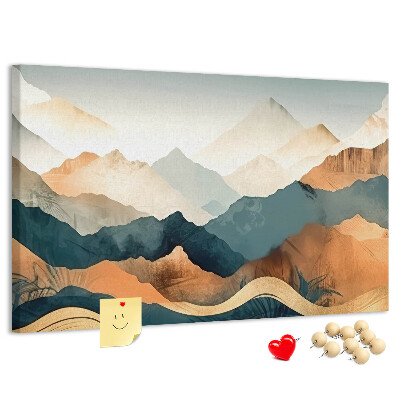 Tablero de corcho decorativo con diseño de paisaje montañoso en tonos apagados