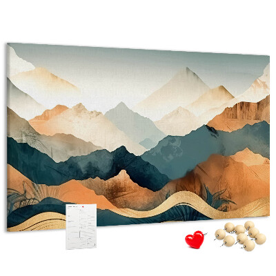Tablero de corcho decorativo con diseño de paisaje montañoso en tonos apagados
