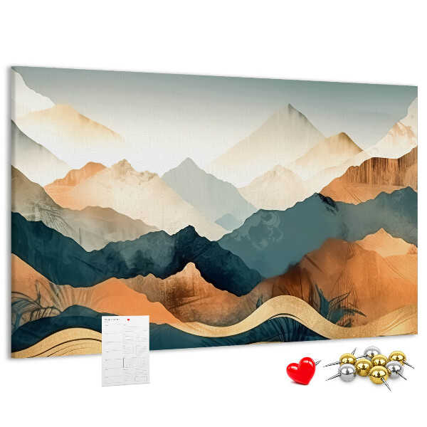 Tablero de corcho decorativo con diseño de paisaje montañoso en tonos apagados