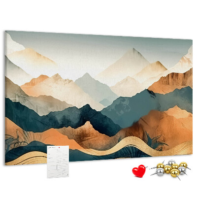 Tablero de corcho decorativo con diseño de paisaje montañoso en tonos apagados