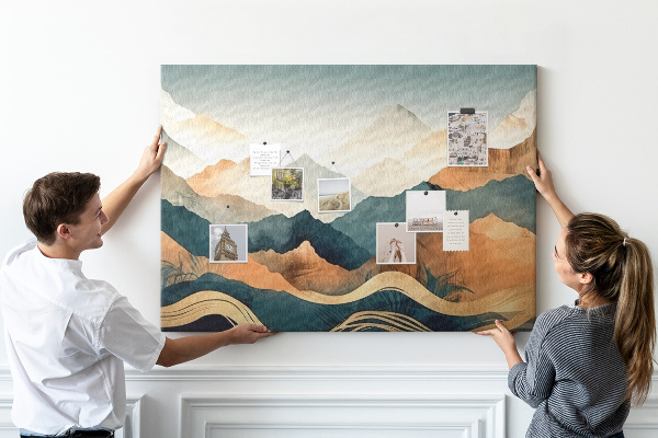 Tablero de corcho decorativo con diseño de paisaje montañoso en tonos apagados