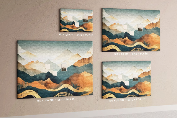 Tablero de corcho decorativo con diseño de paisaje montañoso en tonos apagados