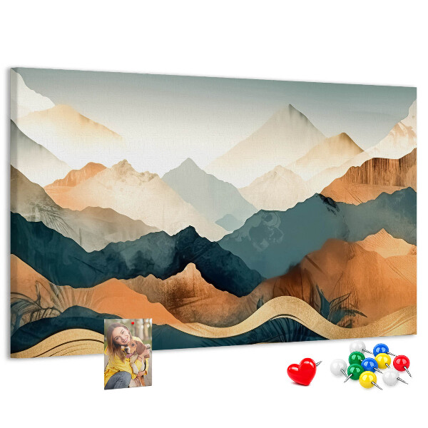 Tablero de corcho decorativo con diseño de paisaje montañoso en tonos apagados